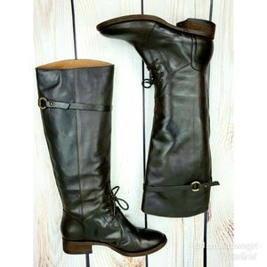 Joie leather riding boot pull on stacked heel 8